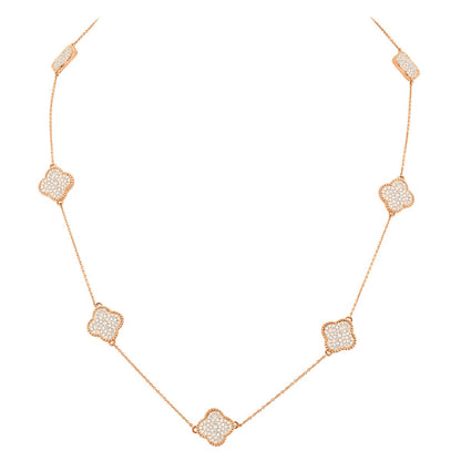 Ladies' 14K White/Yellow Gold Cable Diamond Necklace | 7 Clover Motifs | Pave Setting | 1.7ct