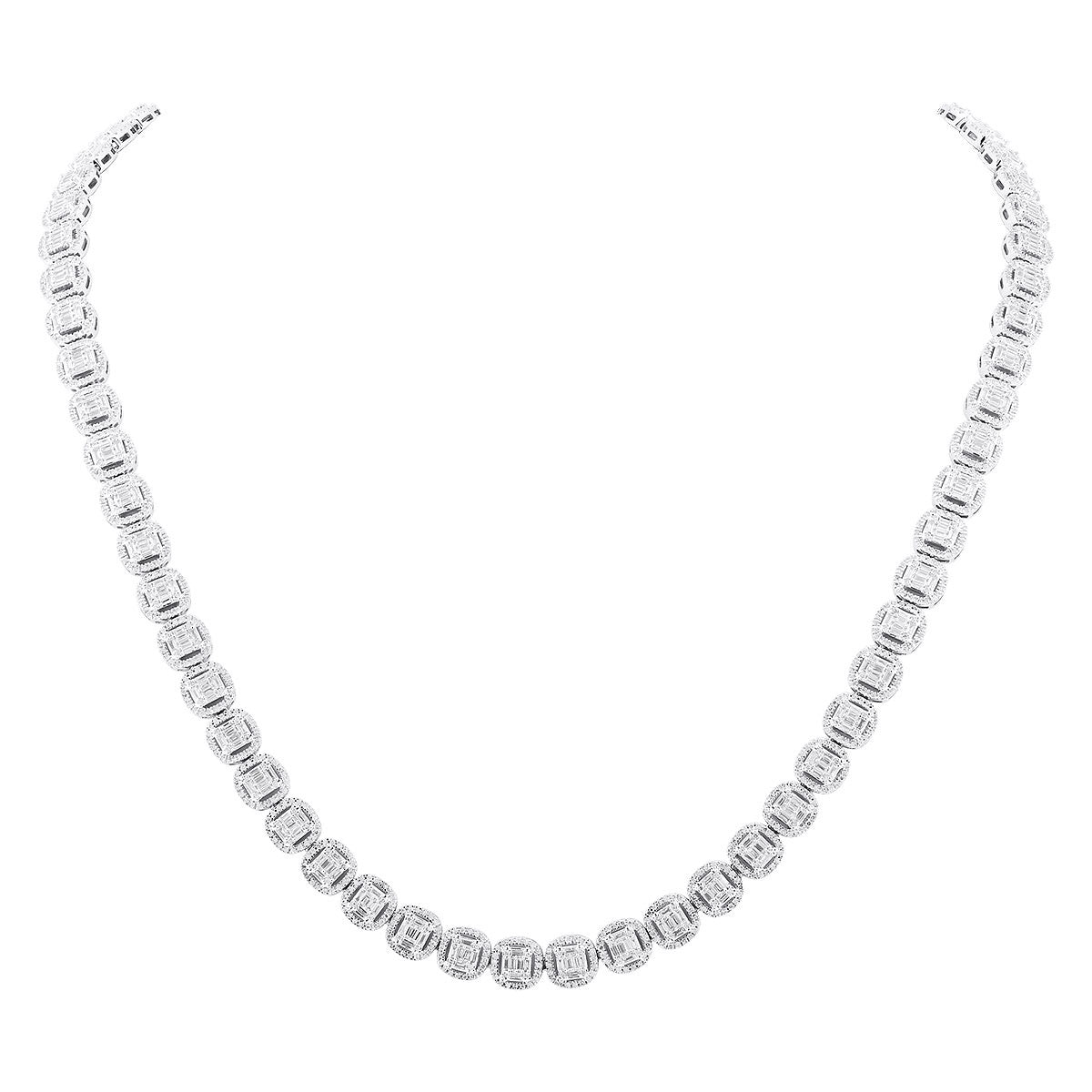 Designer 14K Gold Baguette and Round Diamond Tennis Necklace – 7ct