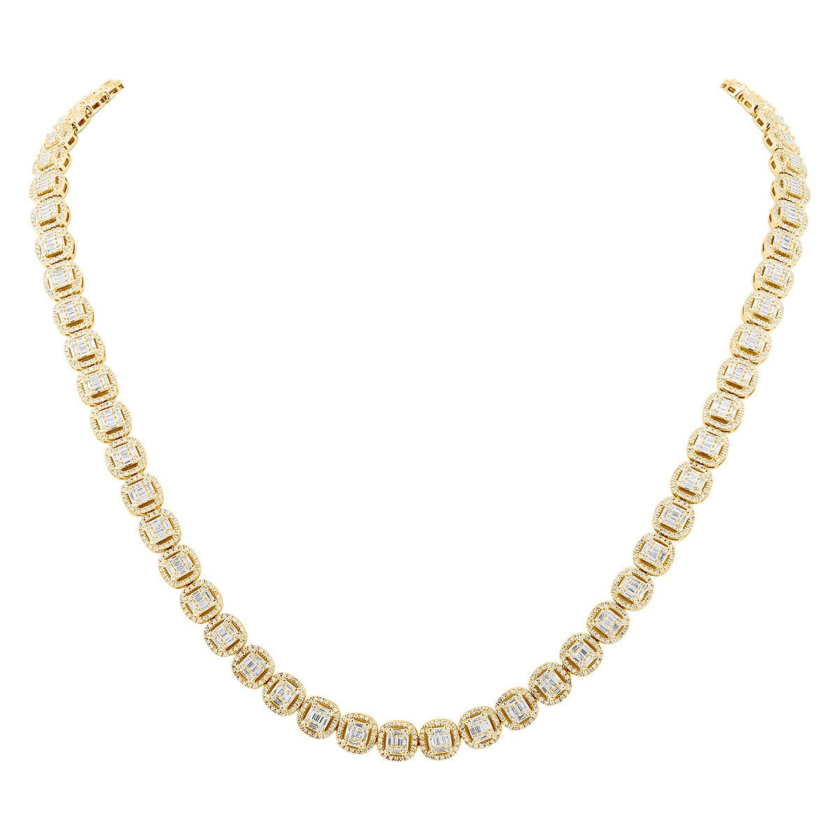 Designer 14K Gold Baguette and Round Diamond Tennis Necklace – 7ct