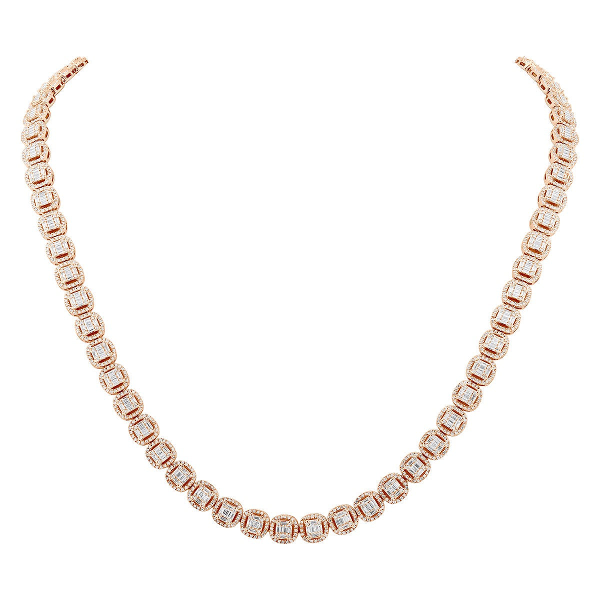 Designer 14K Gold Baguette and Round Diamond Tennis Necklace – 7ct