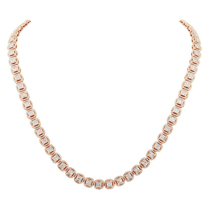 Designer 14K Gold Baguette and Round Diamond Tennis Necklace – 7ct