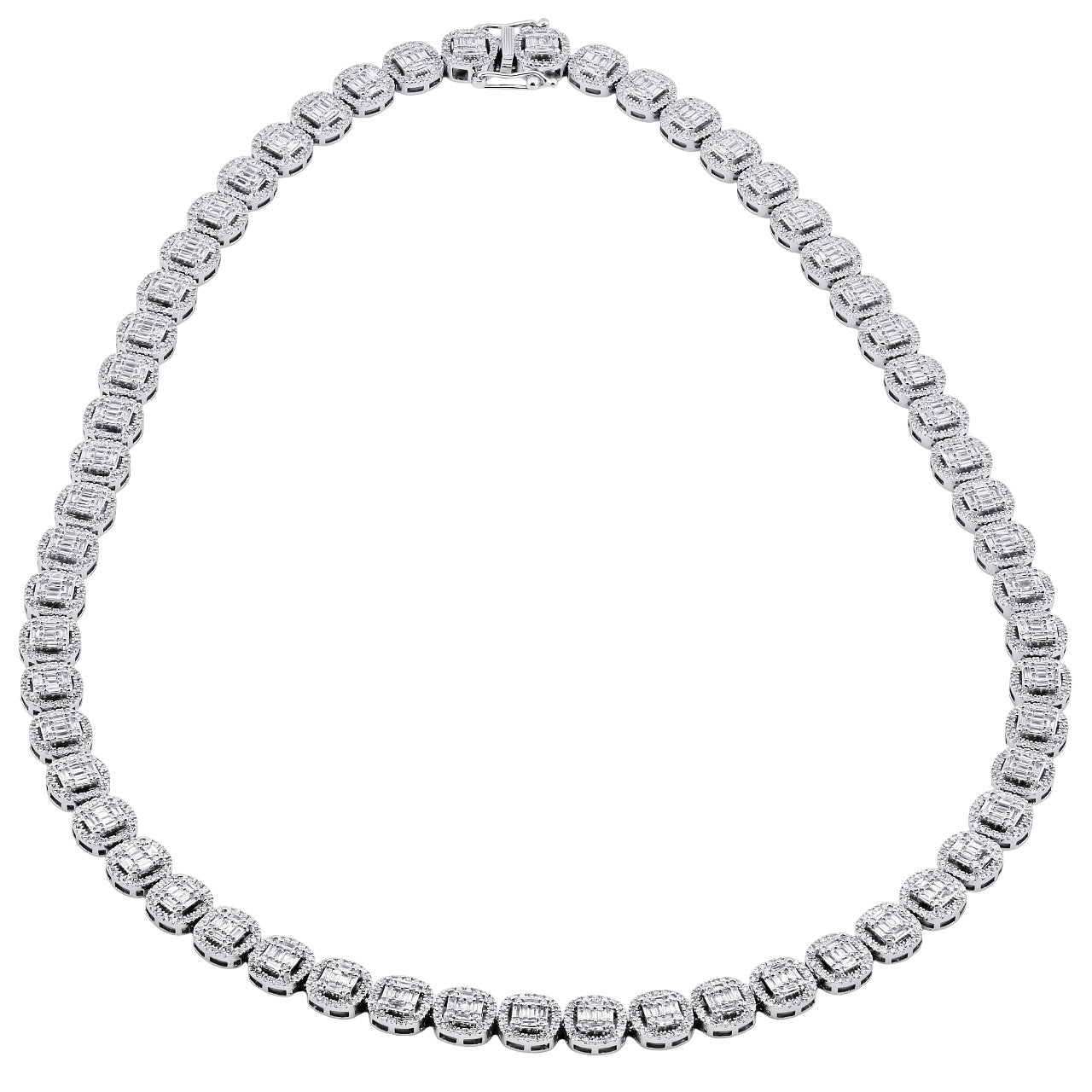 Designer 14K Gold Baguette and Round Diamond Tennis Necklace – 7ct