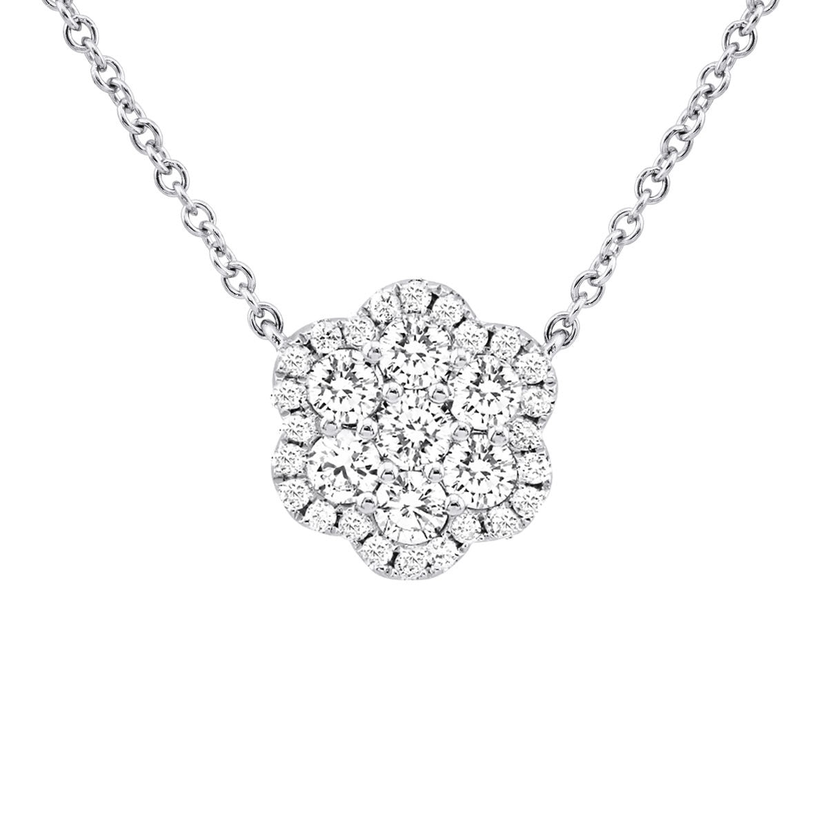 Ladies 14K White Gold Round Diamond Flower Necklace Pendant with Chain | Cluster Design | 0.75ct