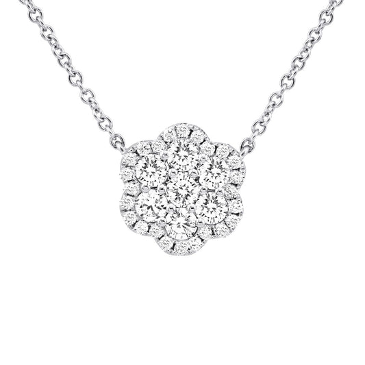 Ladies 14K White Gold Round Diamond Flower Necklace Pendant with Chain | Cluster Design | 0.75ct