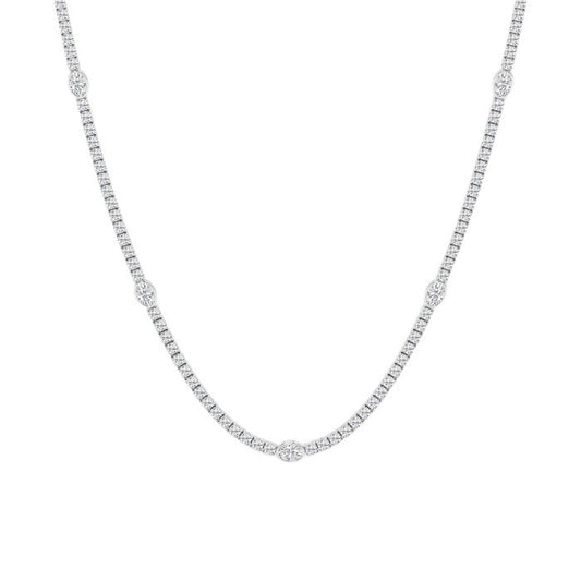 Solid 14K White Gold Round and Oval Shape Lab Grown Diamond Tennis Necklace Box Clasp F-G