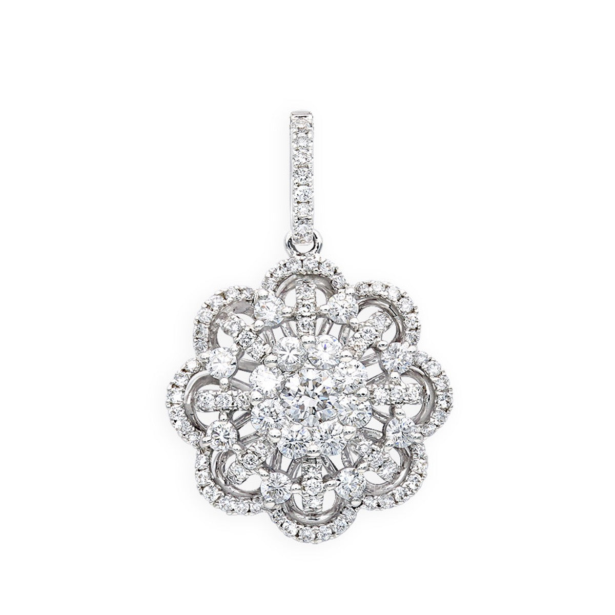 18K White Gold Flower Cluster Diamond Pendant for Women 1.25ct