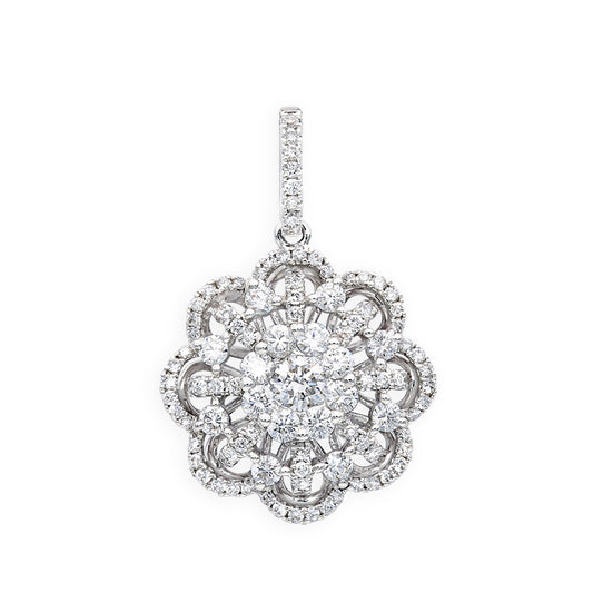 18K White Gold Flower Cluster Diamond Pendant for Women 1.25ct