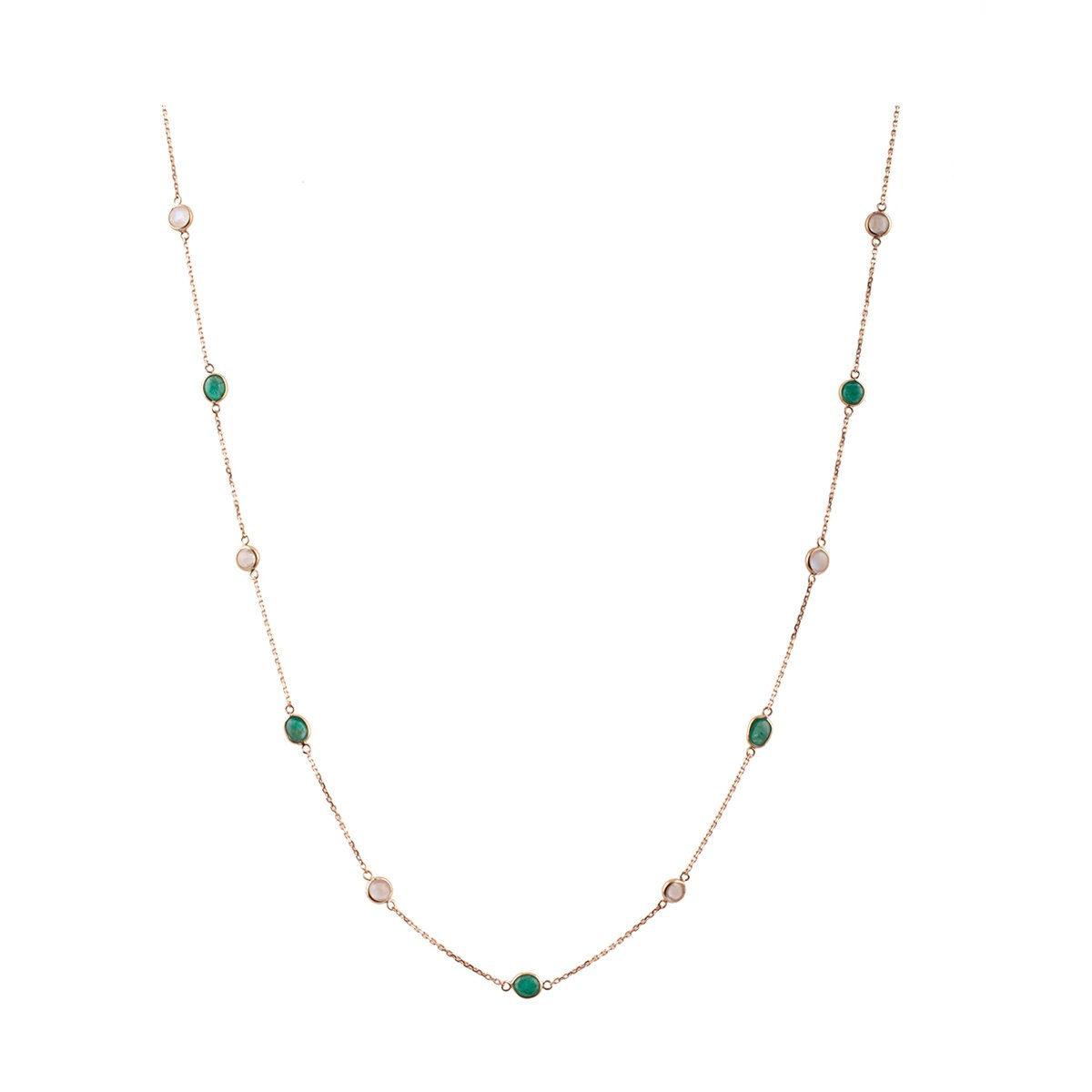 Gold Chain With Emerald & Rainbow Moonstone Round