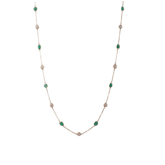 Gold Chain With Emerald Oval & Rainbow Moonstone Round