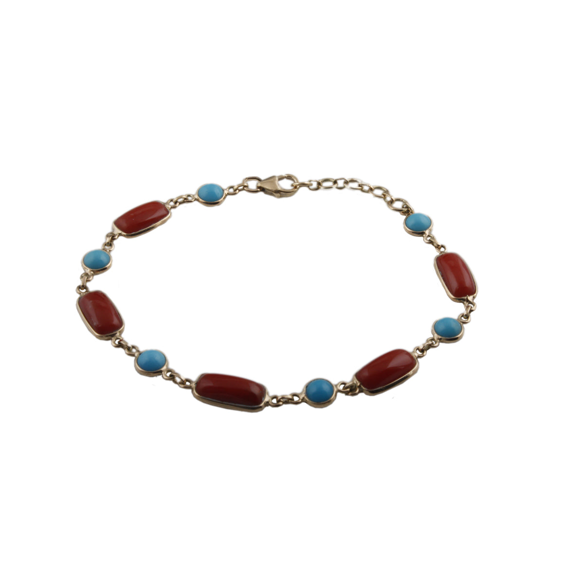 Gold Bracelet With Coral Rectangle & Turquoise Round