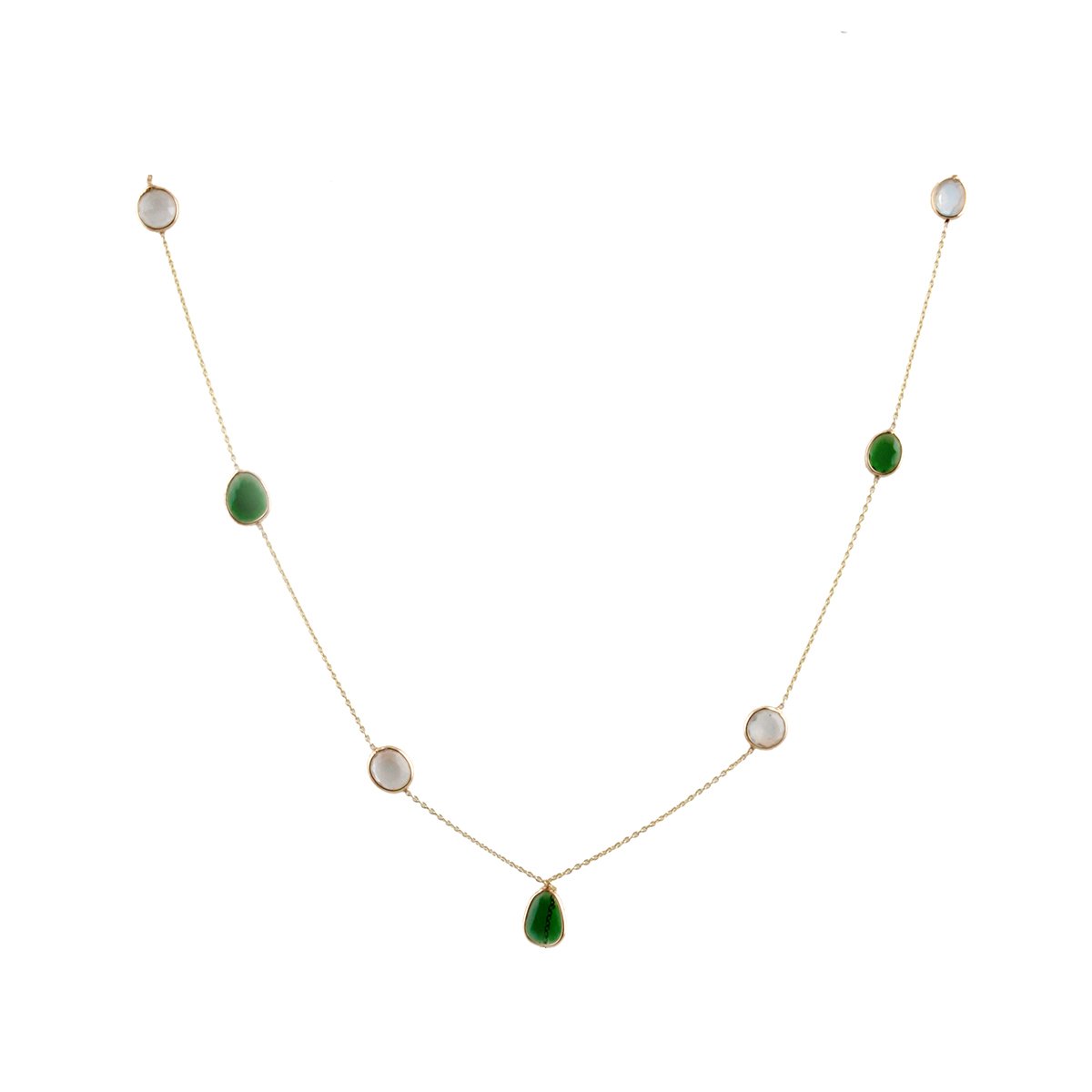 Gold Chain With Chrome diopside & Rainbow Moonstone