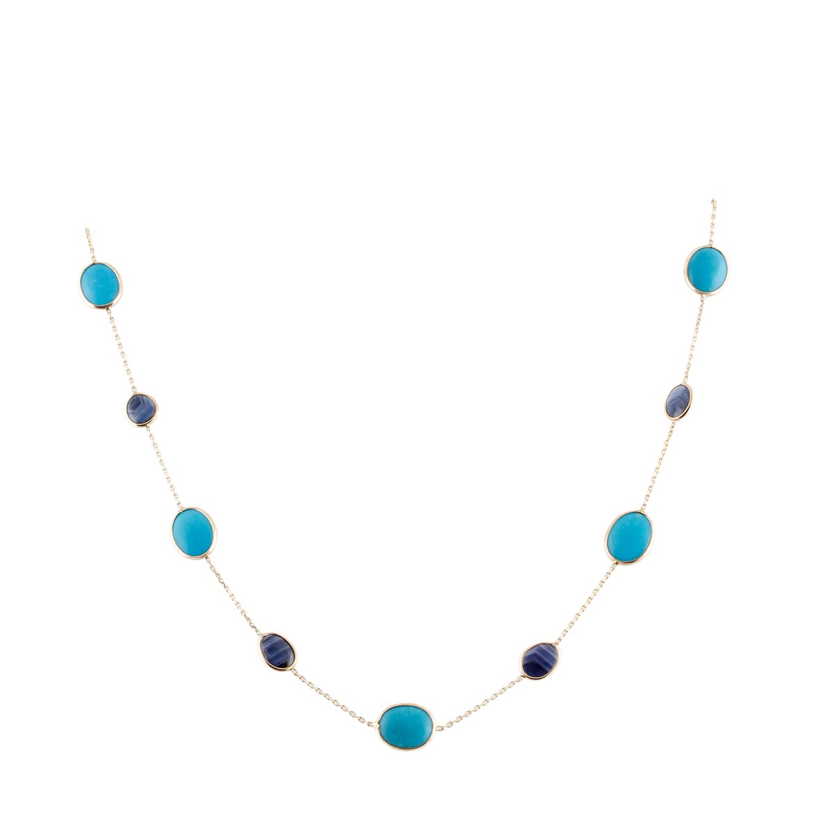 Gold Chain With Blue Sapphire & Turquoise Oval