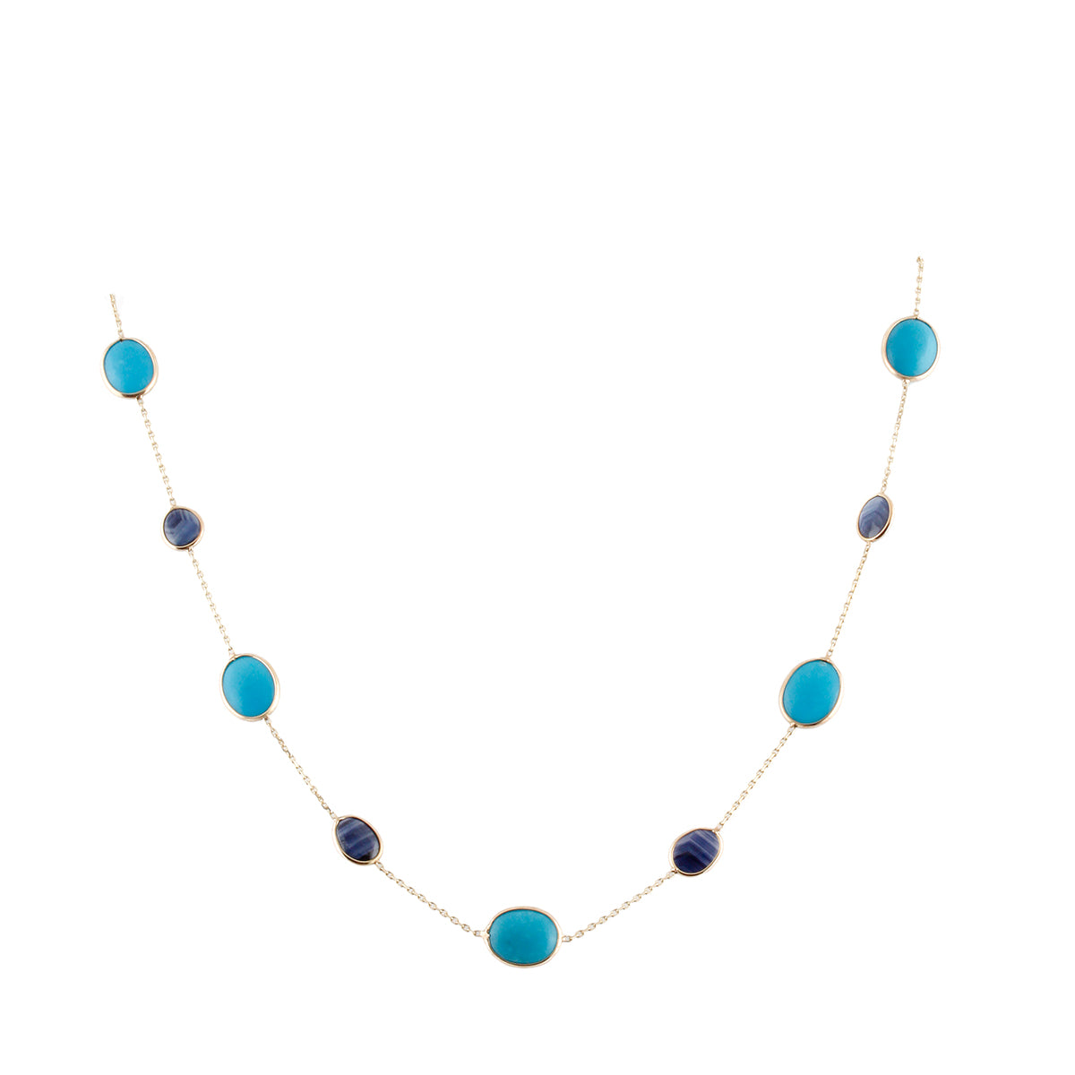 Gold Chain With Turquoise Oval & Blue Sapphire Unshape