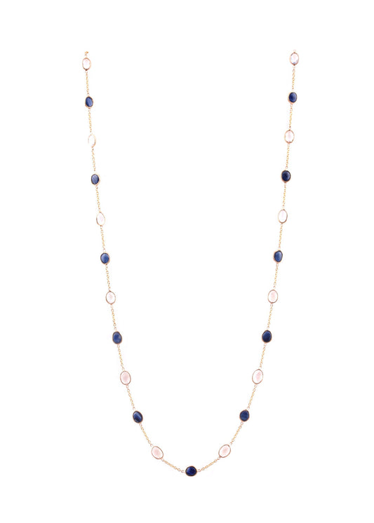 Gold Chain With Rainbow Moonstone Oval & Blue Sapphire Unshape