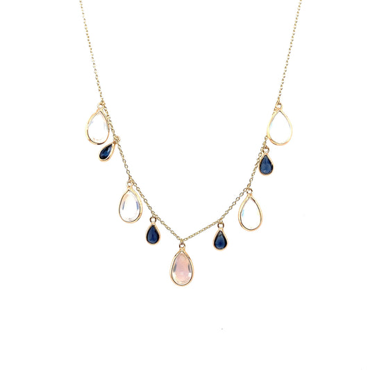 Gold Chain With Rainbow Moonstone & Blue Sapphire Pear Shape