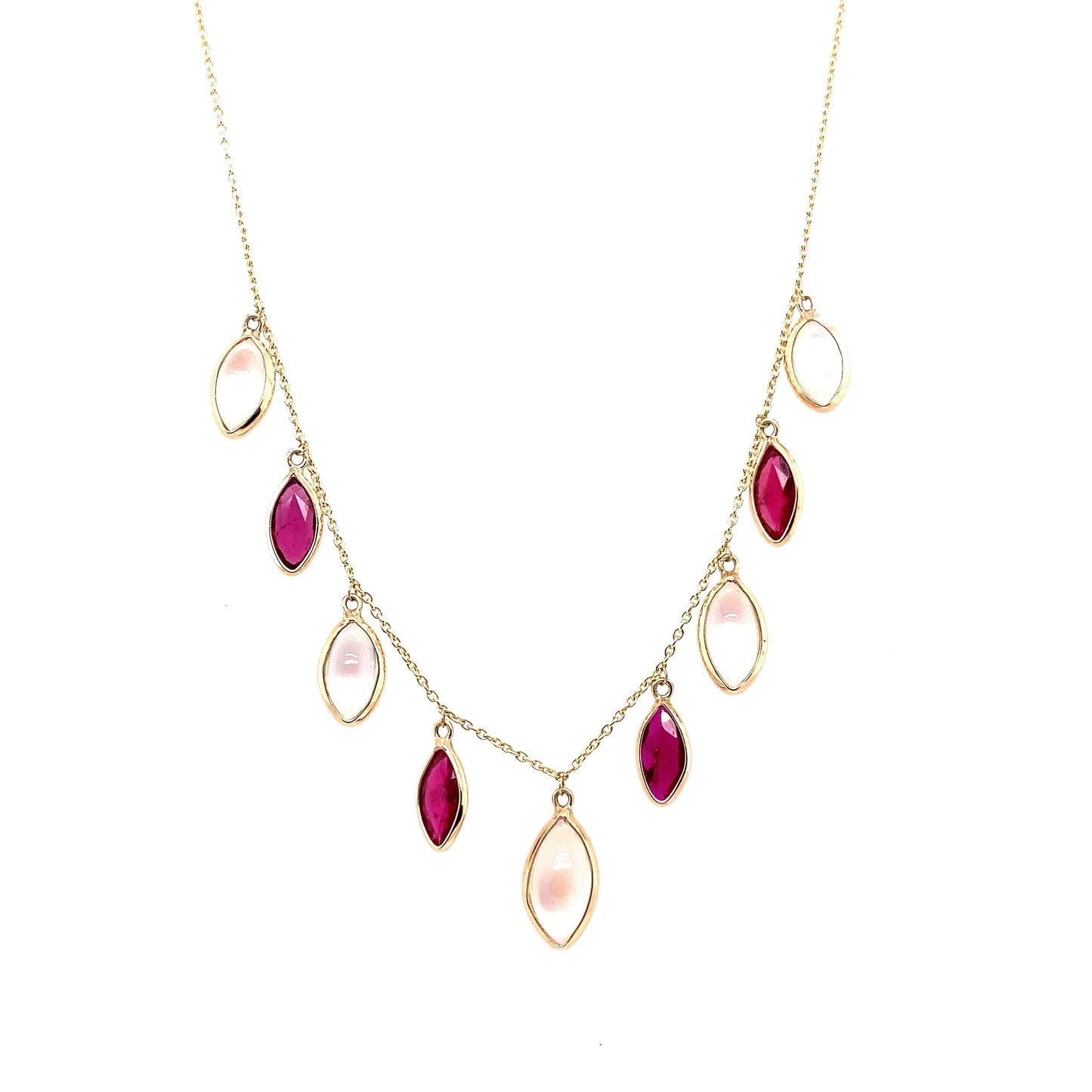 Gold Chain With Rainbow Moonstone & Ruby Marquise