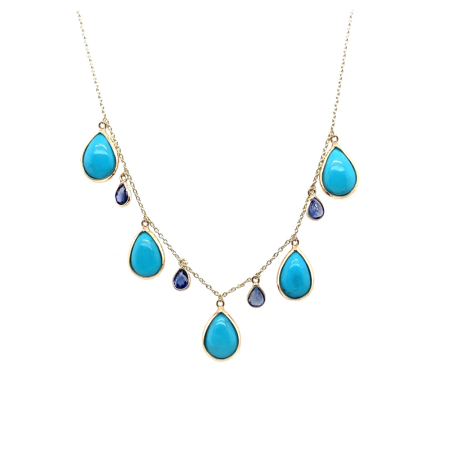 Gold Chain With Turquoise & Blue Sapphire Pear Shape