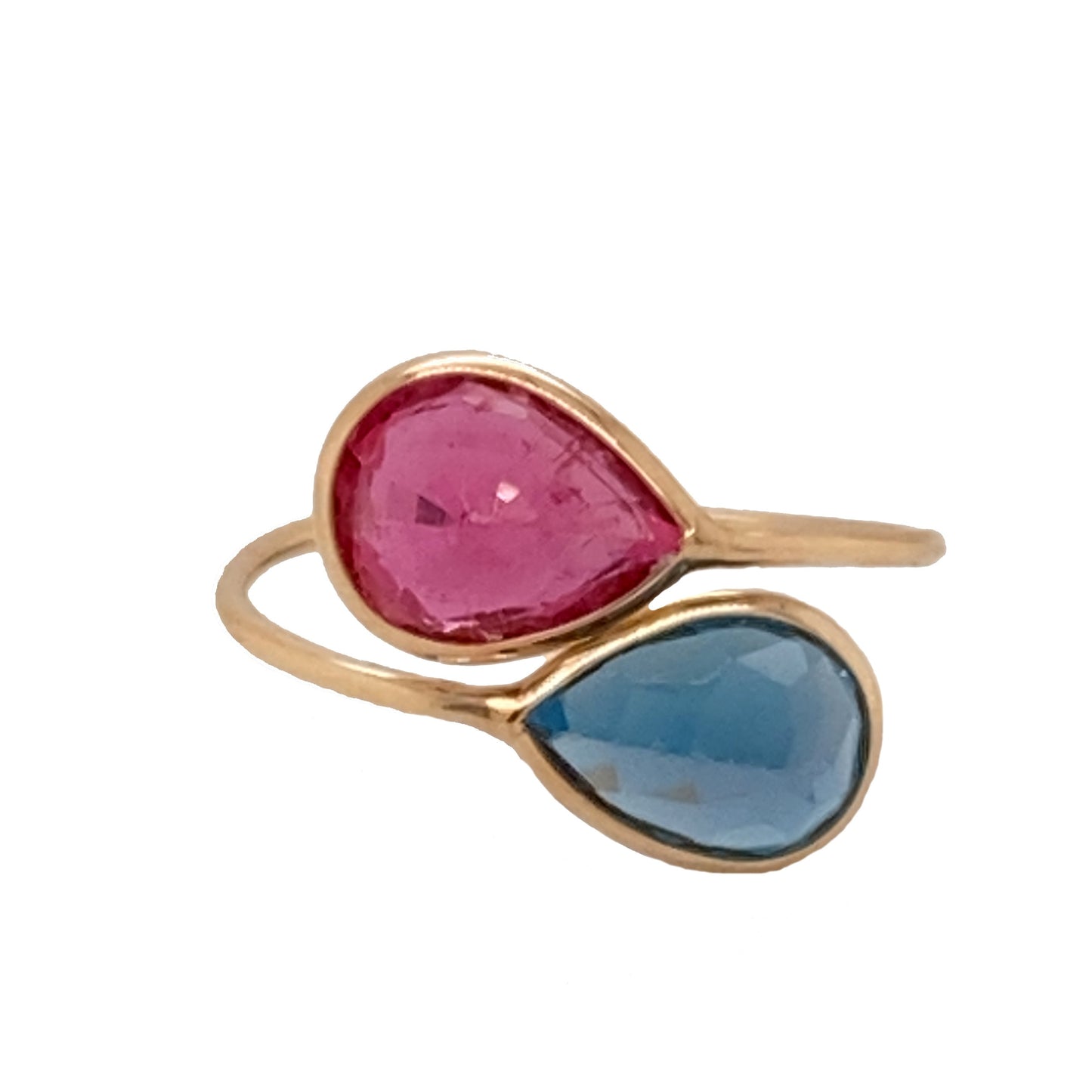 Gold Ring With Blue Topaz & Pink Tourmaline Pear Shape