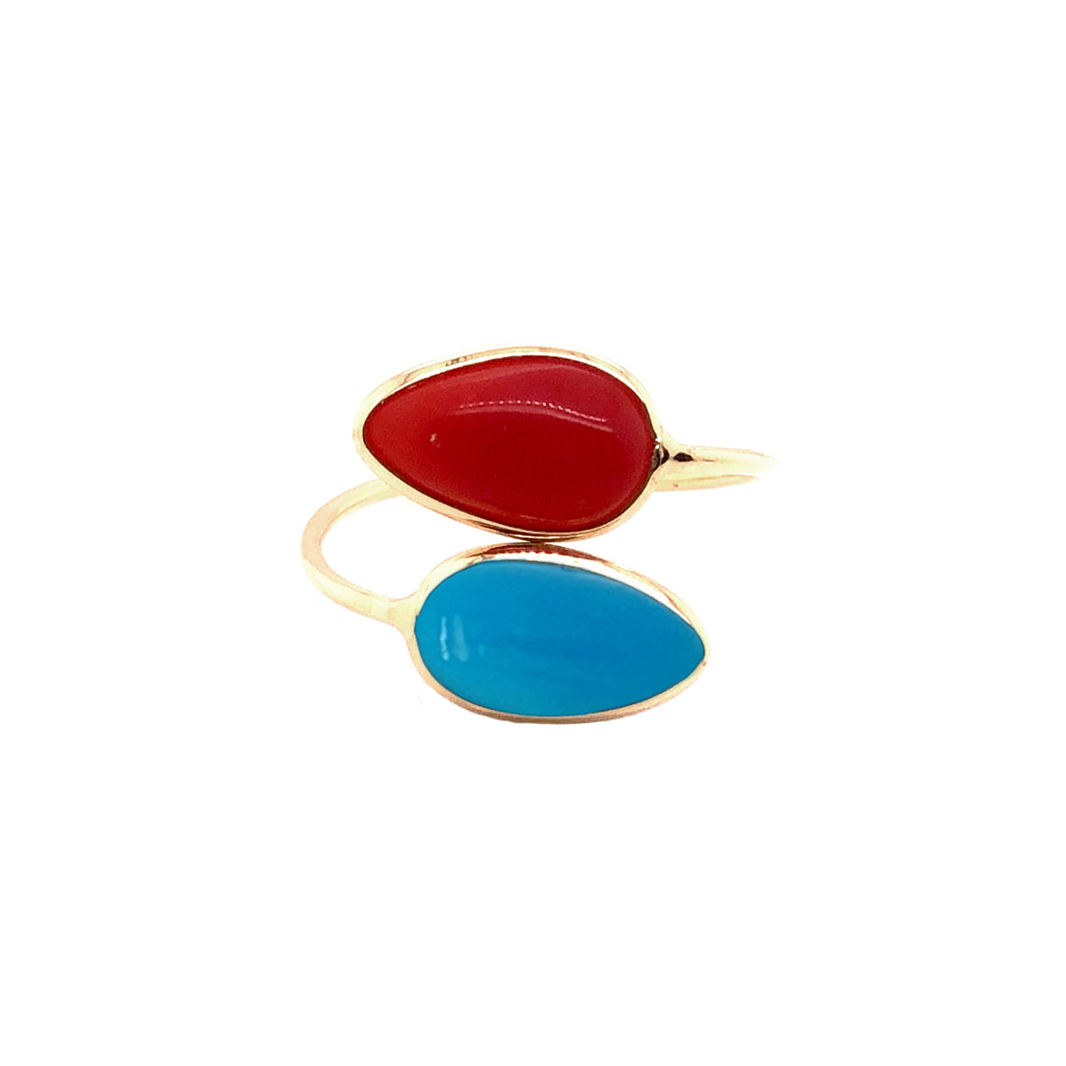 Gold Ring With Turquoise & Coral Pear Shape