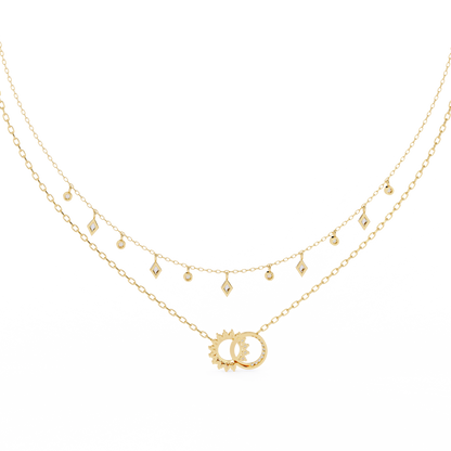 Lunar Link – Dual Charm Diamond Necklace in 14K Gold