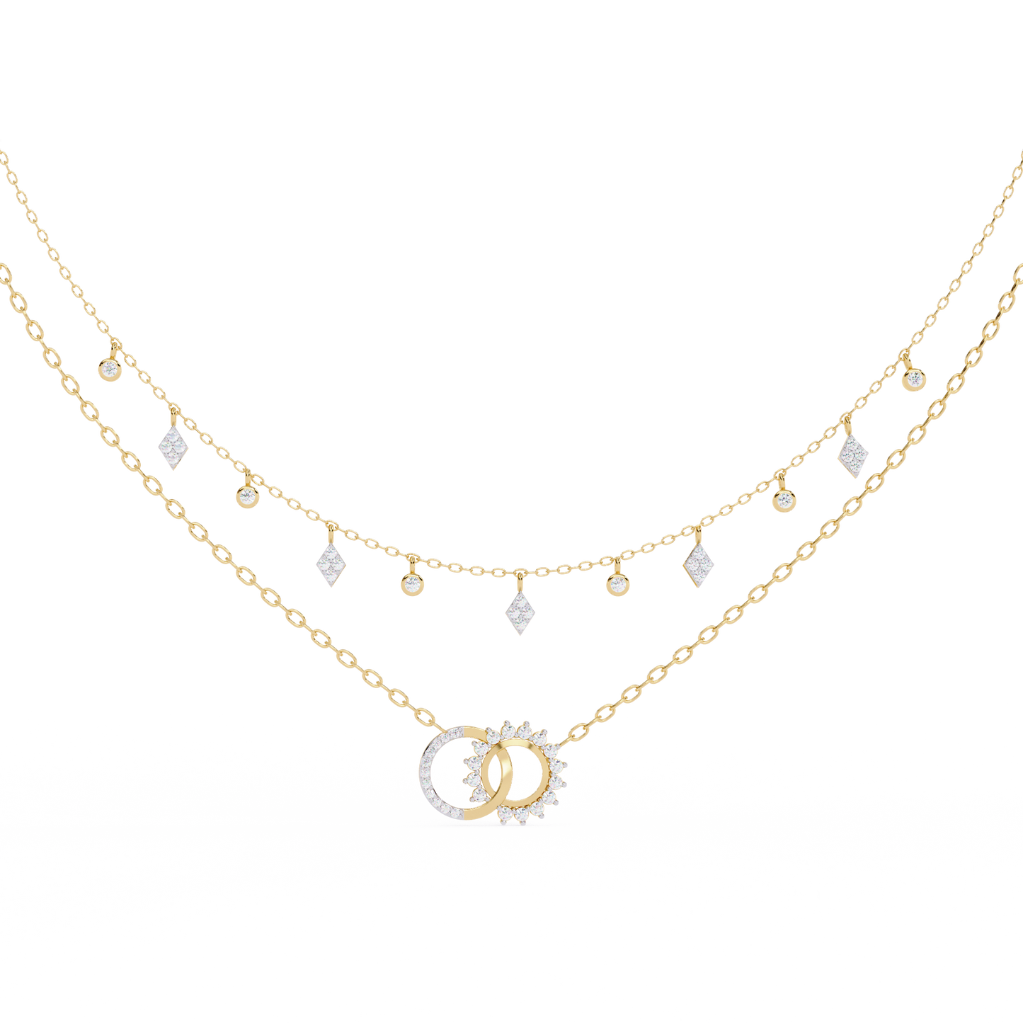 Lunar Link – Dual Charm Diamond Necklace in 14K Gold