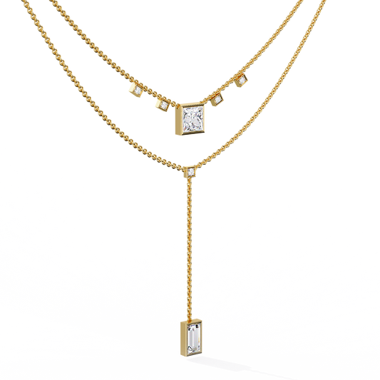 Twin Radiance – Princess & Emerald Lab Diamond Lariat Necklace in 14K Gold