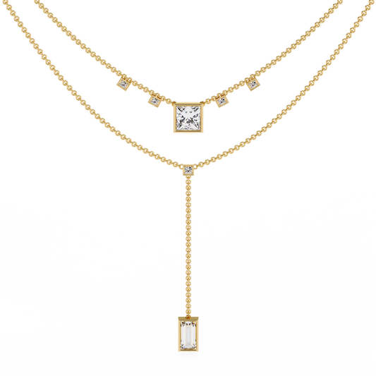 Twin Radiance – Princess & Emerald Diamond Lariat Necklace in 14K Gold