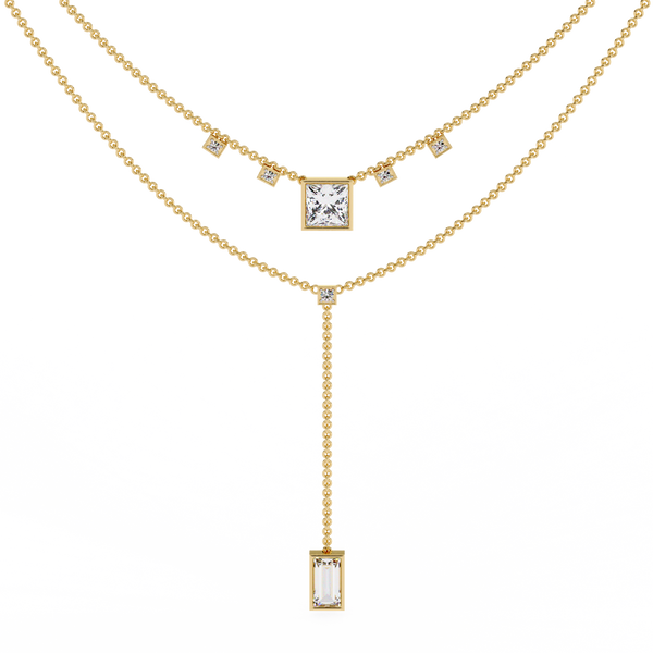 Twin Radiance – Princess & Emerald Diamond Lariat Necklace in 14K Gold