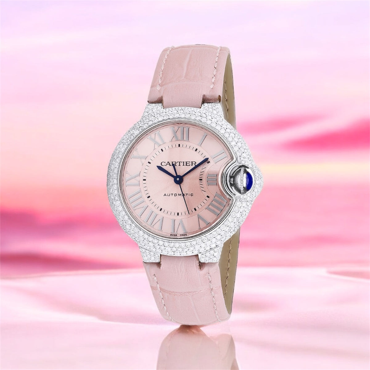 Cartier Ballon Bleu Diamond Watch for Women | 33mm | Diamond Bezel | Pink Leather Strap | 3ct