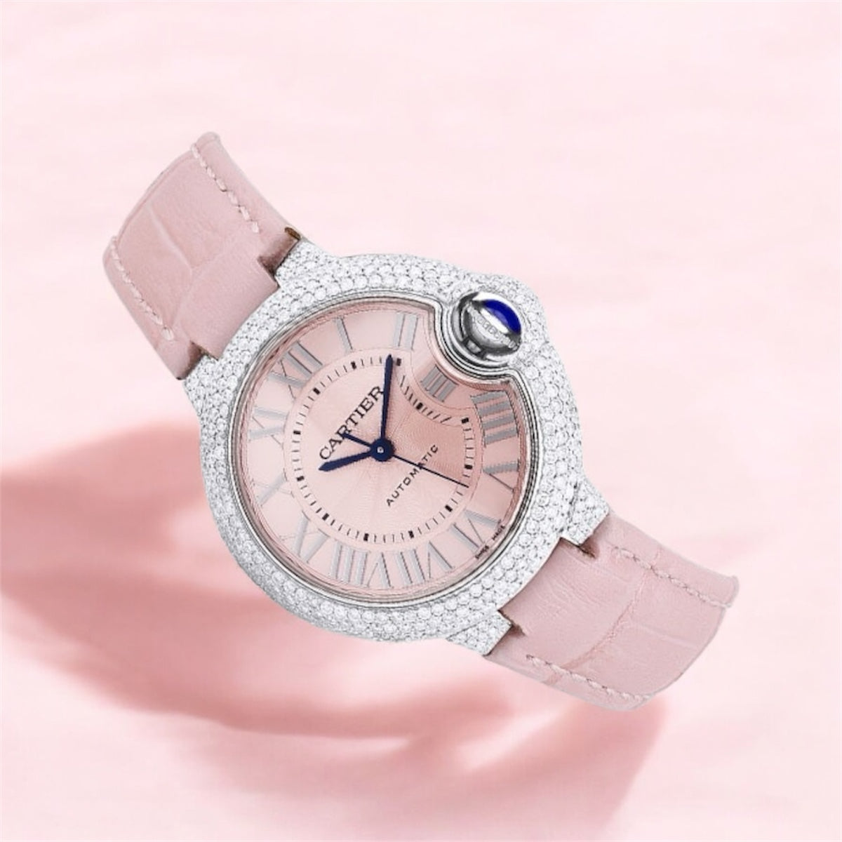 Cartier Ballon Bleu Diamond Watch for Women | 33mm | Diamond Bezel | Pink Leather Strap | 3ct