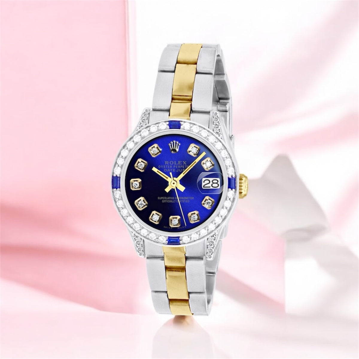 Ladies Diamond Watch Rolex Datejust 26mm | Gold Bezel Sapphires Blue Dial