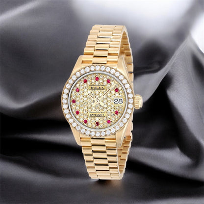 Women's 18K Gold Watch | Rolex Datejust | 26mm | Diamond Bezel | Iced Out Dial With Rubies