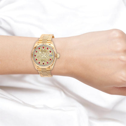 Women's 18K Gold Watch | Rolex Datejust | 26mm | Diamond Bezel | Iced Out Dial With Rubies