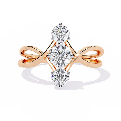 Ribbon Arc – Triple Round Diamond Ring with Criss-Cross Shank in 14K Gold