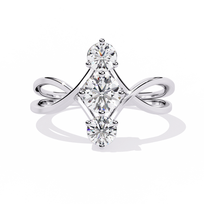 Ribbon Arc – Triple Round Diamond Ring with Criss-Cross Shank in 14K Gold