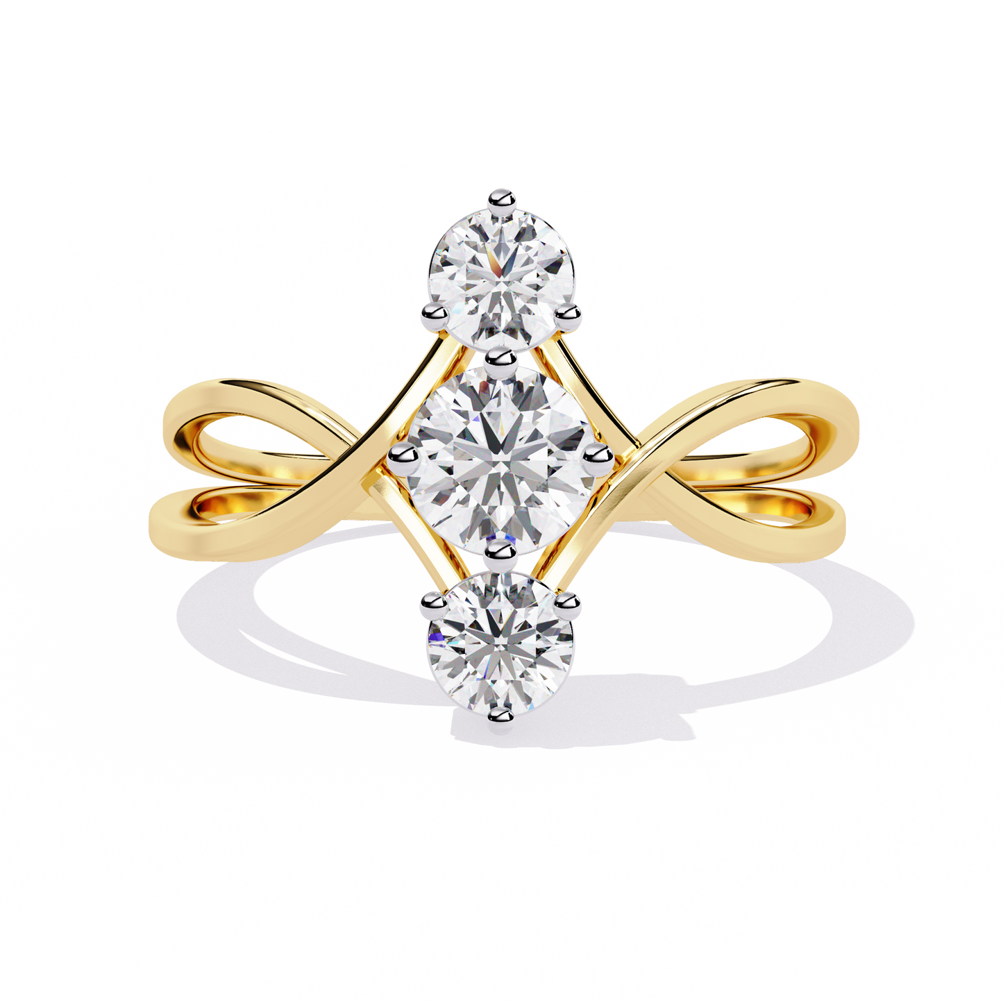 Ribbon Arc – Triple Round Diamond Ring with Criss-Cross Shank in 14K Gold