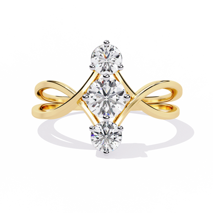 Ribbon Arc – Triple Round Diamond Ring with Criss-Cross Shank in 14K Gold