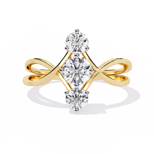 Ribbon Arc – Triple Round Diamond Ring with Criss-Cross Shank in 14K Gold