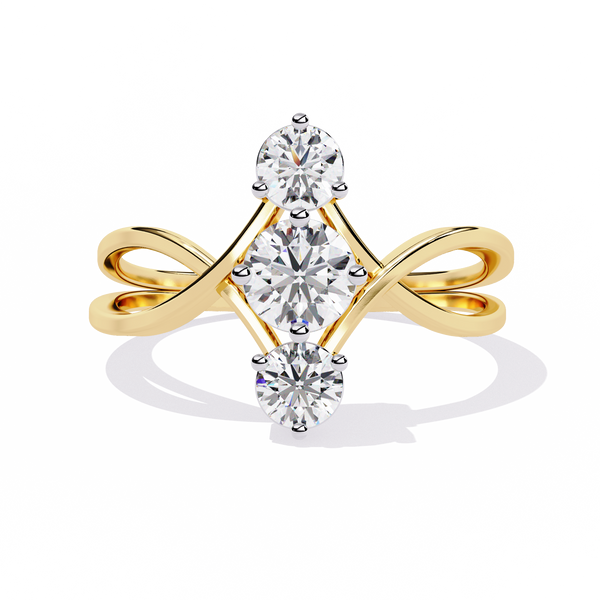 Ribbon Arc – Triple Round Diamond Ring with Criss-Cross Shank in 14K Gold