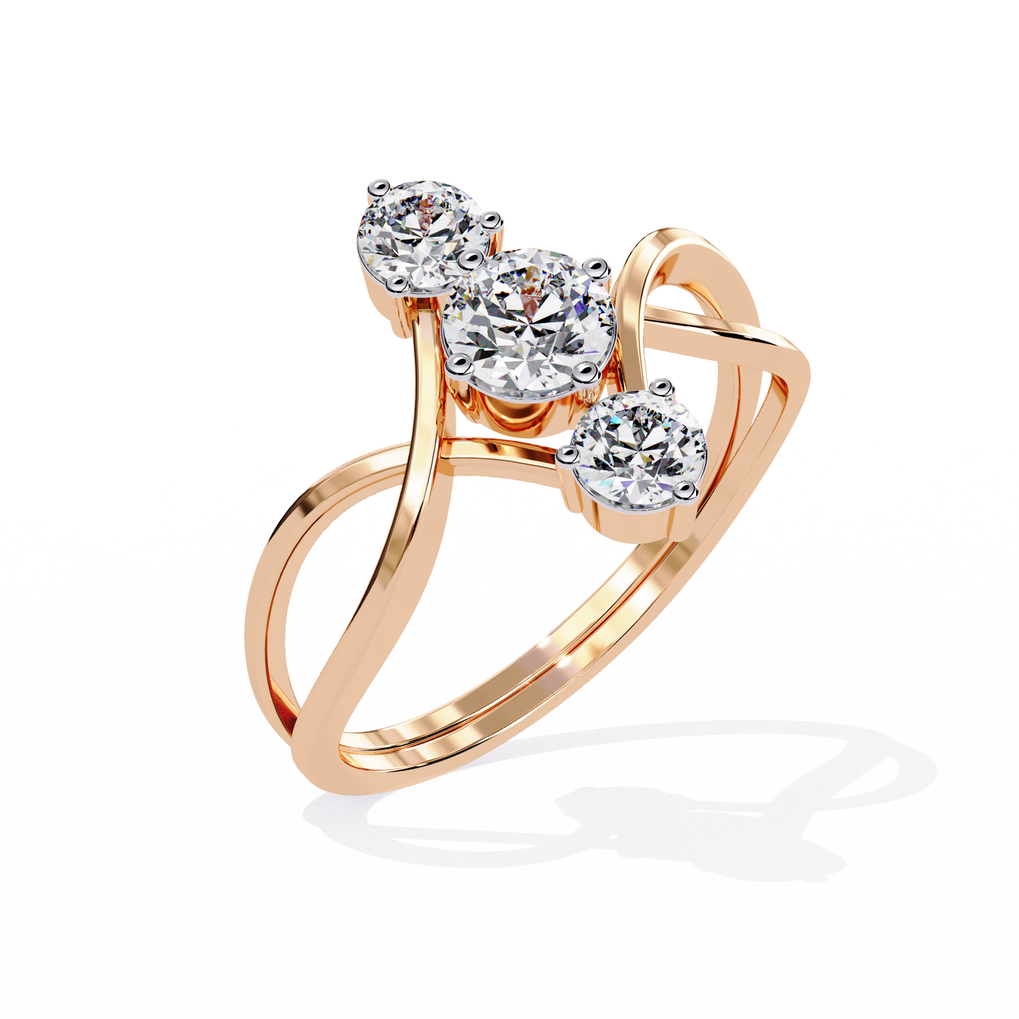 Ribbon Arc – Triple Round Diamond Ring with Criss-Cross Shank in 14K Gold