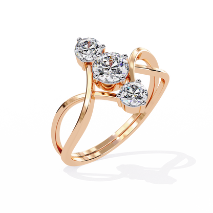 Ribbon Arc – Triple Round Diamond Ring with Criss-Cross Shank in 14K Gold