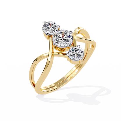Ribbon Arc – Triple Round Diamond Ring with Criss-Cross Shank in 14K Gold