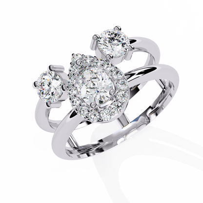 Halo Drop – Pear Diamond Ring with Twin Round Accents and Dual-Band in 14K Gold