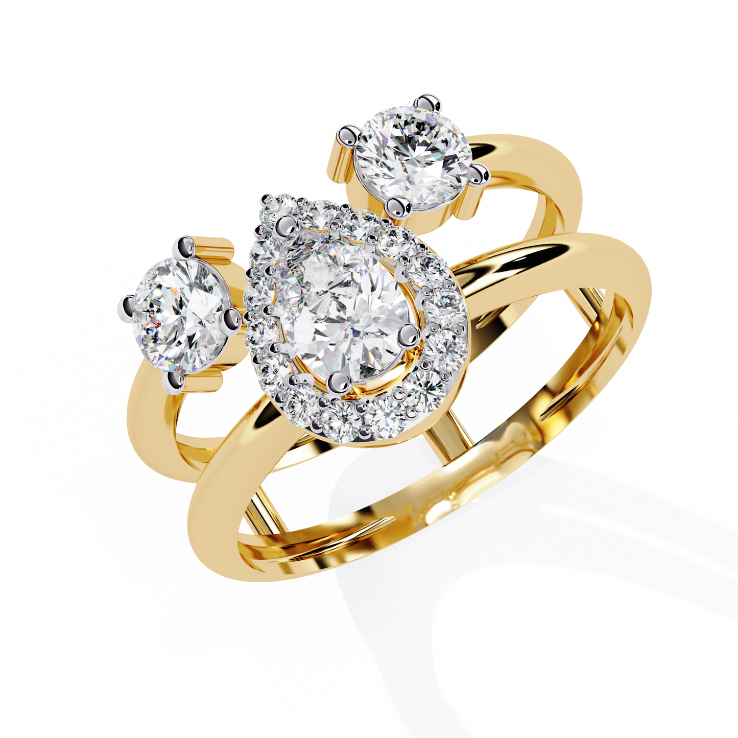 Halo Drop – Pear Diamond Ring with Twin Round Accents and Dual-Band in 14K Gold