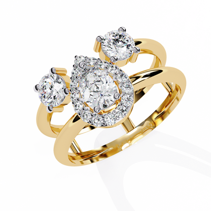 Halo Drop – Pear Diamond Ring with Twin Round Accents and Dual-Band in 14K Gold