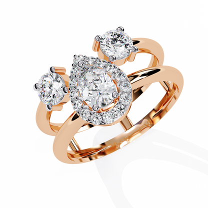 Halo Drop – Pear Diamond Ring with Twin Round Accents and Dual-Band in 14K Gold