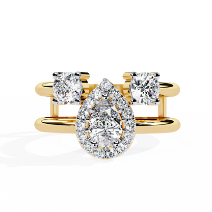 Halo Drop – Pear Diamond Ring with Twin Round Accents and Dual-Band in 14K Gold