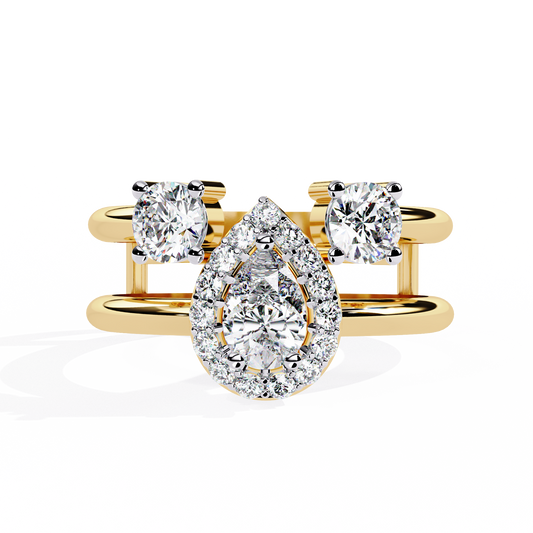 Halo Drop – Pear Diamond Ring with Twin Round Accents and Dual-Band in 14K Gold