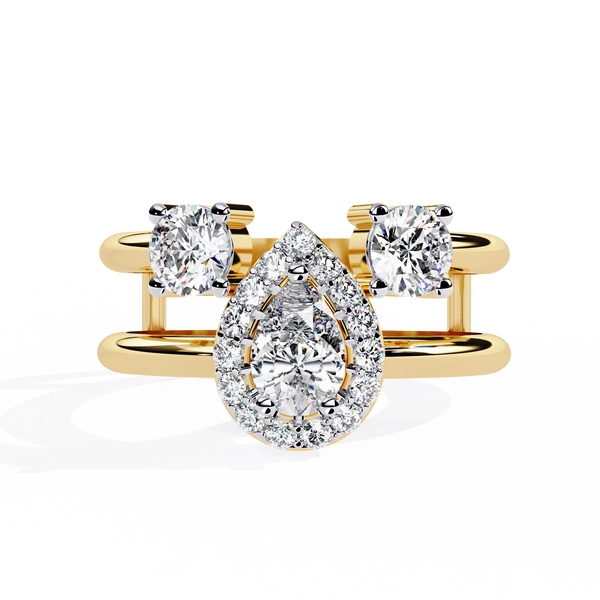 Halo Drop – Pear Diamond Ring with Twin Round Accents and Dual-Band in 14K Gold