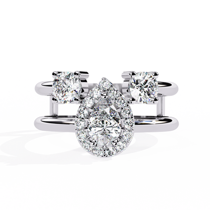 Halo Drop – Pear Diamond Ring with Twin Round Accents and Dual-Band in 14K Gold
